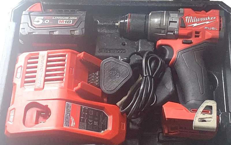 Milwaukee M18 FPD3 FUEL Hammer Drill plus charger, 5Ah battery and case.