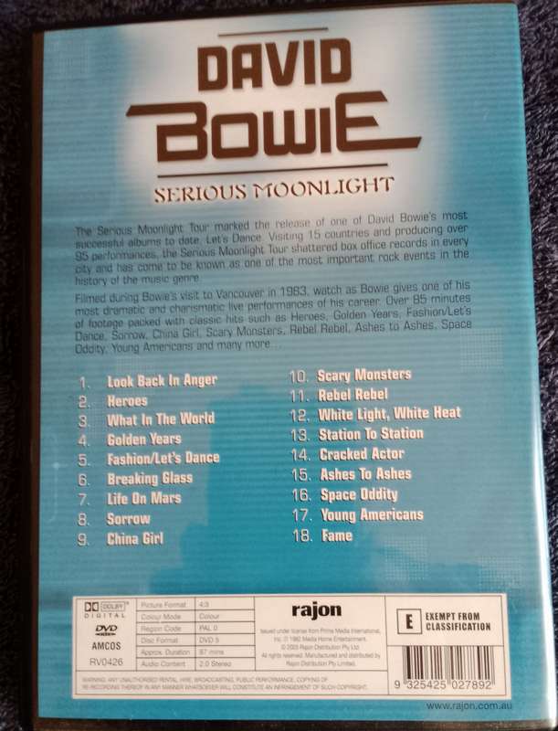 David Bowie Serious Moonlight DVD VG+