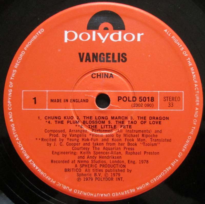 VANGELIS - CHINA  (LP/VINYL)