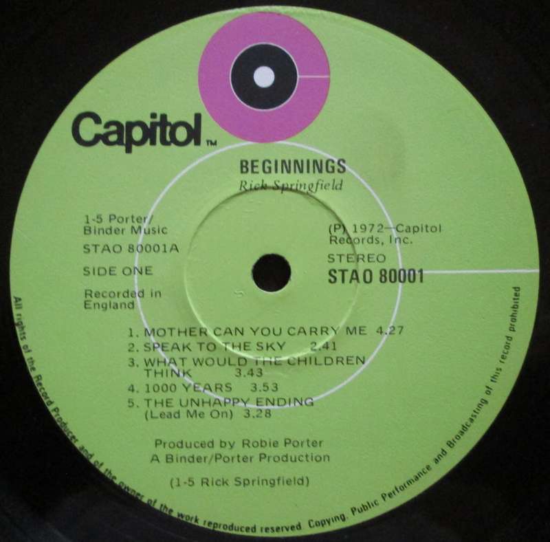 RICK SPRINGFIELD - BEGINNINGS  (LP/VINYL)