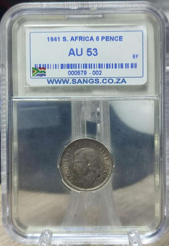 1941 6 PENCE 6D UNC COIN - SANGS GRADED AU53 (NONE MINTED IN PROOF)