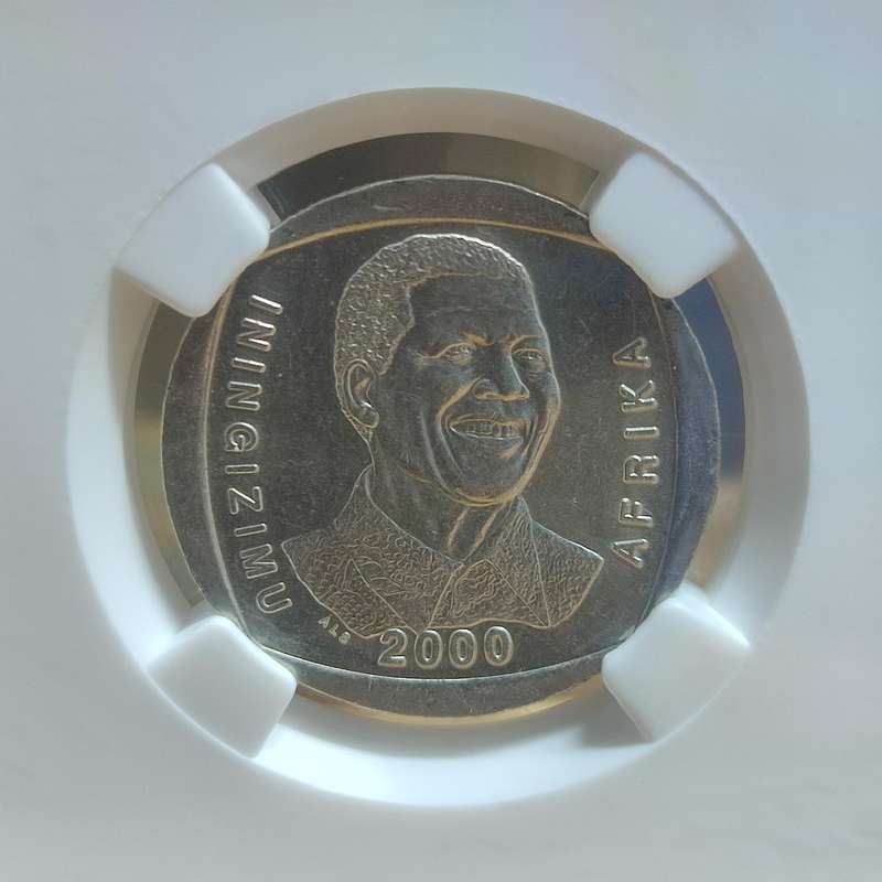 GRADED (MS62) - 2000 5 RAND "SMILEY MANDELA" COIN