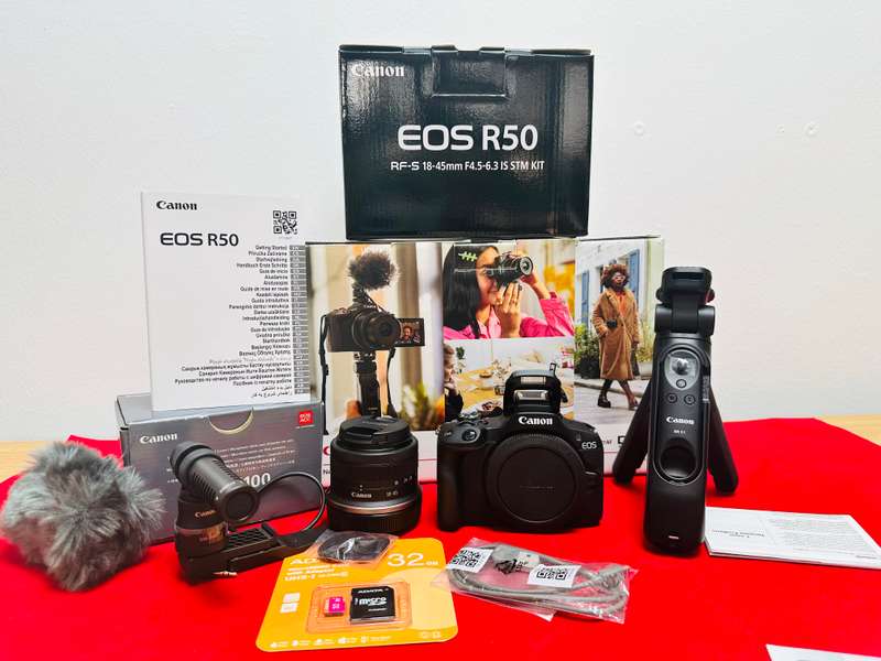 Canon EOS R50 Mirrorless content creator kit with RF-S 18-45mm F 4.5-6.3 IS STM Kit lens + more