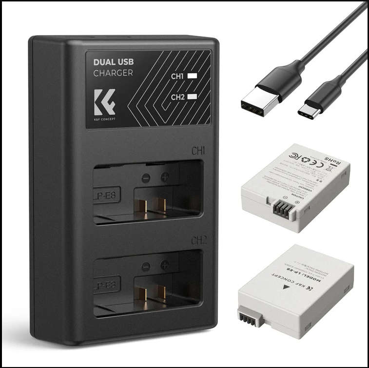 K&F Concept Dual LP-E8 1200mAh Batteries + Charger for Canon  Elevate your Canon camera's performanc