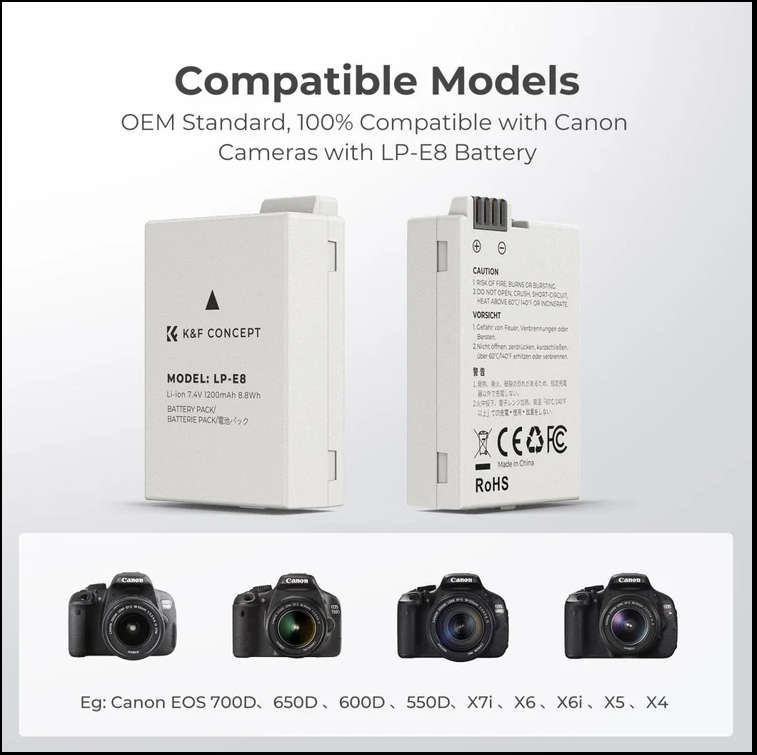 K&F Concept Dual LP-E8 1200mAh Batteries + Charger for Canon  Elevate your Canon camera's performanc
