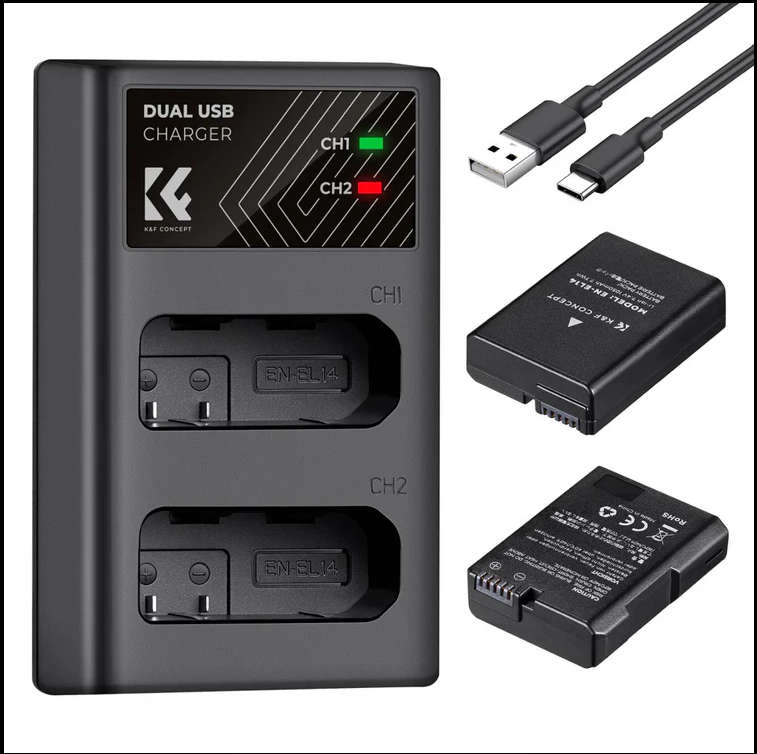 K&F Concept Dual EN-EL14 Battery + Charger Kit for Nikon Cameras