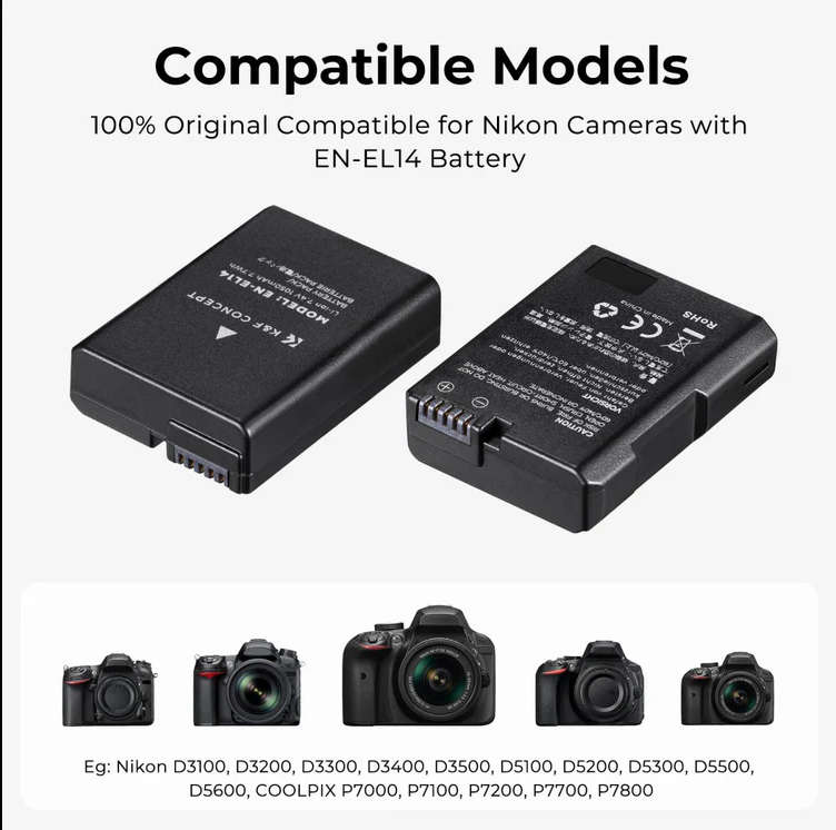 K&F Concept Dual EN-EL14 Battery + Charger Kit for Nikon Cameras