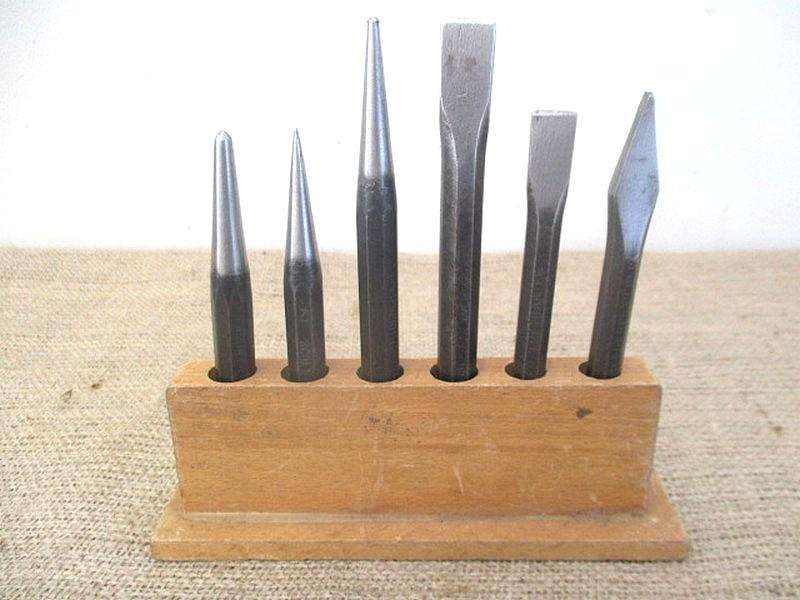 Handy Six Piece Vintage High Quality Punch And Chisel Set On Original Wooden Stand
