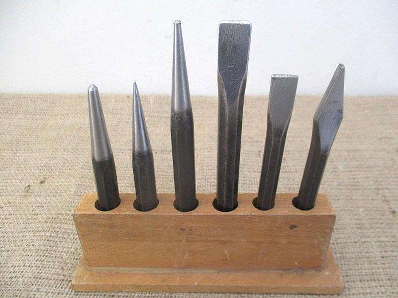 Handy Six Piece Vintage High Quality Punch And Chisel Set On Original Wooden Stand
