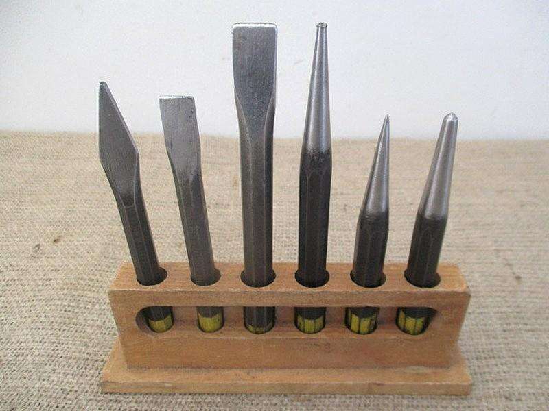 Handy Six Piece Vintage High Quality Punch And Chisel Set On Original Wooden Stand