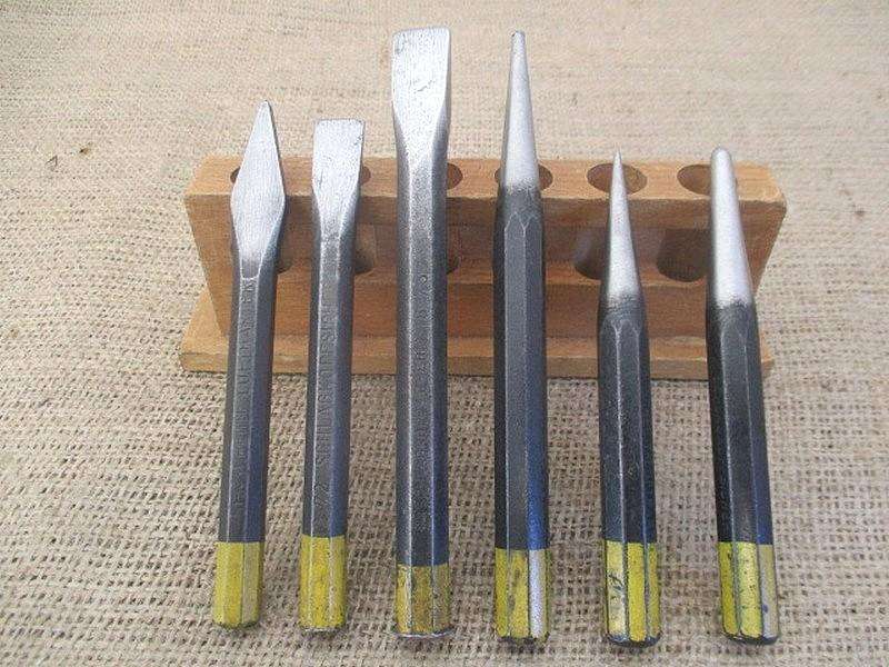 Handy Six Piece Vintage High Quality Punch And Chisel Set On Original Wooden Stand