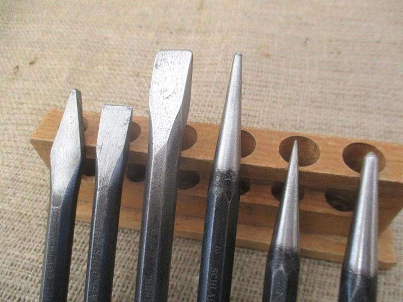 Handy Six Piece Vintage High Quality Punch And Chisel Set On Original Wooden Stand