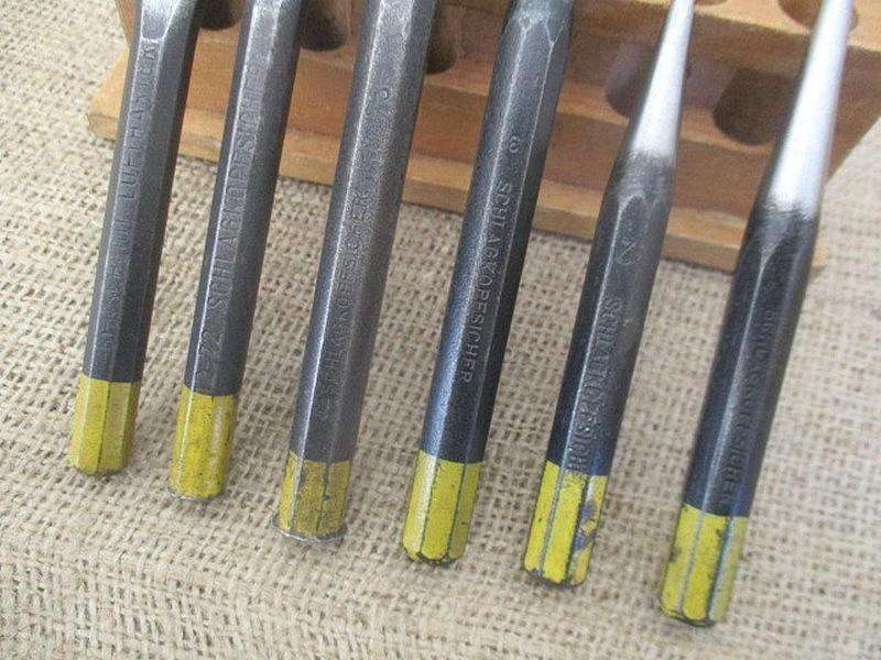 Handy Six Piece Vintage High Quality Punch And Chisel Set On Original Wooden Stand