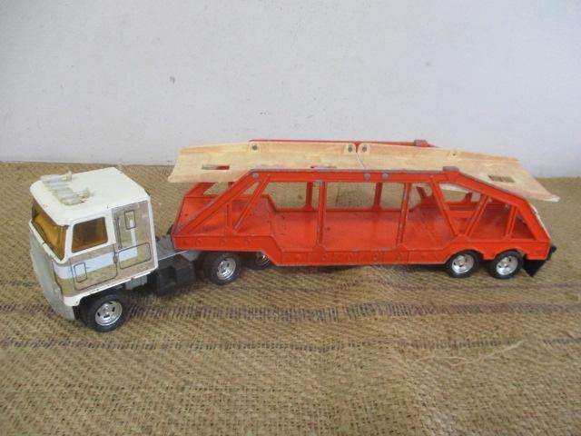 Large Vintage ERTL Tin Semi Truck With Die Cast Auto Carrier