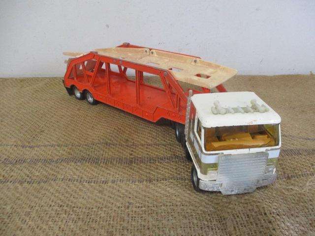 Large Vintage ERTL Tin Semi Truck With Die Cast Auto Carrier