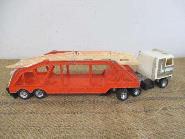 Large Vintage ERTL Tin Semi Truck With Die Cast Auto Carrier