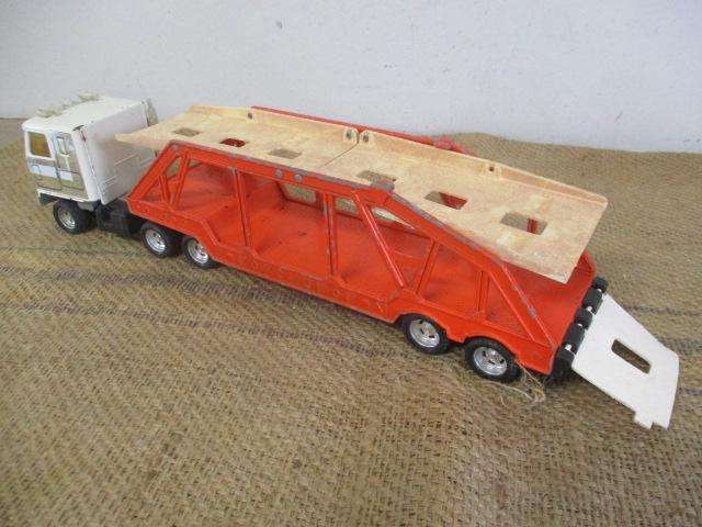 Large Vintage ERTL Tin Semi Truck With Die Cast Auto Carrier