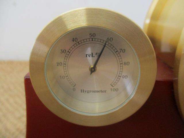 Very Stylish Brass And Wooden Desktop Battery Operated Clock With Hygrometer And Thermometer