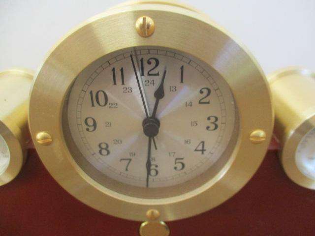 Very Stylish Brass And Wooden Desktop Battery Operated Clock With Hygrometer And Thermometer