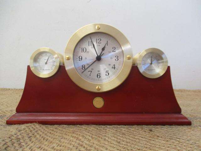 Very Stylish Brass And Wooden Desktop Battery Operated Clock With Hygrometer And Thermometer