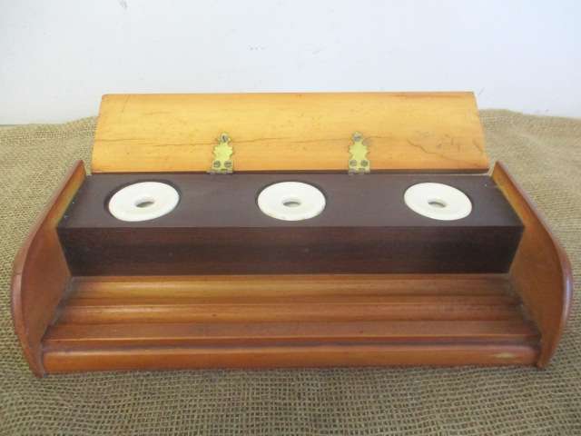 Rare Collectable Prestigious Vintage Wooden Three Inkwell Stand With Pen Tray