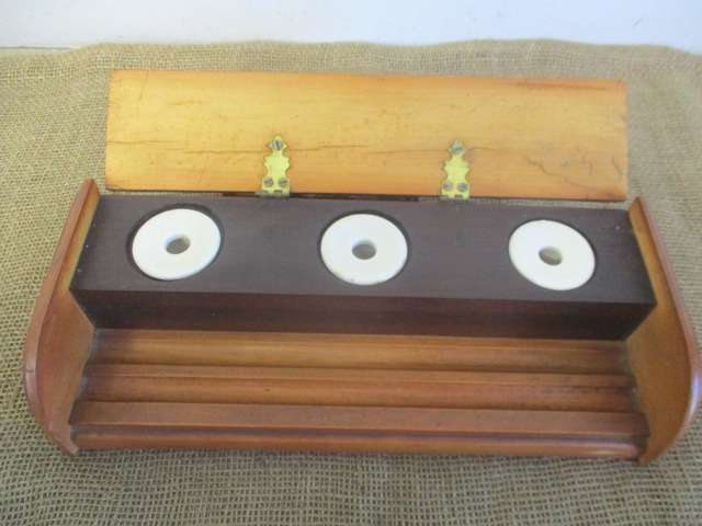 Rare Collectable Prestigious Vintage Wooden Three Inkwell Stand With Pen Tray