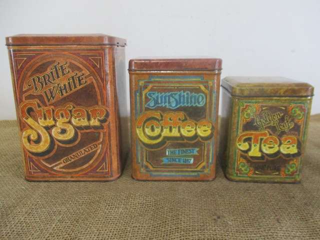 Three Awesome Vintage Metal Box Ware Sugar/Suiker  Coffee/Koffie  Tea/Tee Nesting Tins