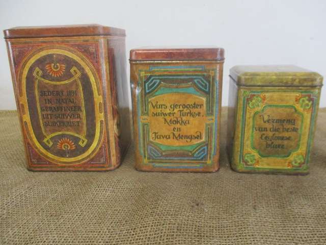 Three Awesome Vintage Metal Box Ware Sugar/Suiker  Coffee/Koffie  Tea/Tee Nesting Tins