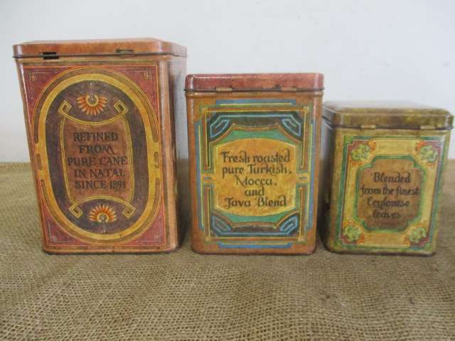 Three Awesome Vintage Metal Box Ware Sugar/Suiker  Coffee/Koffie  Tea/Tee Nesting Tins