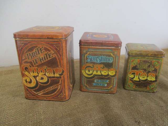 Three Awesome Vintage Metal Box Ware Sugar/Suiker  Coffee/Koffie  Tea/Tee Nesting Tins