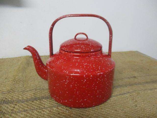 Red Hot.....This Marvelous Sizable Vintage Old Fashioned Speckled Enamel Coffee Kettle