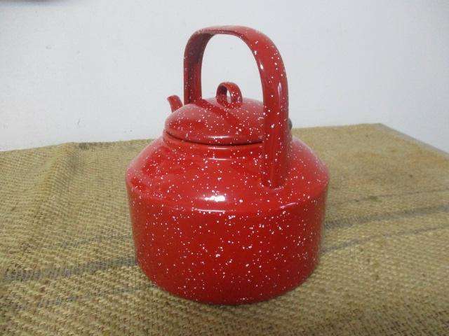 Red Hot.....This Marvelous Sizable Vintage Old Fashioned Speckled Enamel Coffee Kettle