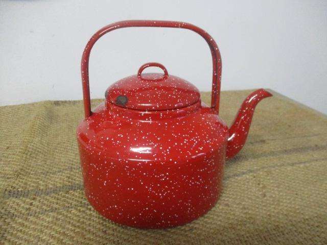 Red Hot.....This Marvelous Sizable Vintage Old Fashioned Speckled Enamel Coffee Kettle