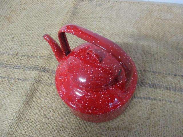 Red Hot.....This Marvelous Sizable Vintage Old Fashioned Speckled Enamel Coffee Kettle