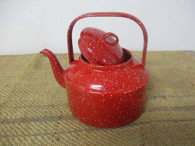 Red Hot.....This Marvelous Sizable Vintage Old Fashioned Speckled Enamel Coffee Kettle