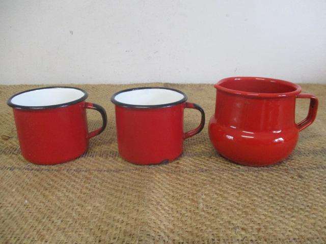 The Red Squad.....Two Lovely Vintage "Made In Poland" Enamel Coffee Mugs And One Enamel Milk Jug