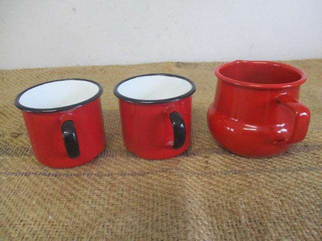 The Red Squad.....Two Lovely Vintage "Made In Poland" Enamel Coffee Mugs And One Enamel Milk Jug