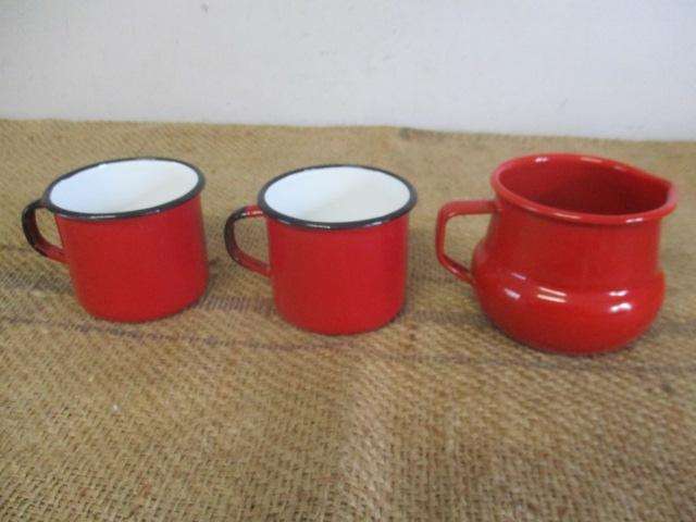 The Red Squad.....Two Lovely Vintage "Made In Poland" Enamel Coffee Mugs And One Enamel Milk Jug
