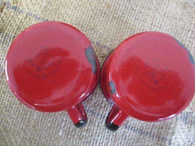The Red Squad.....Two Lovely Vintage "Made In Poland" Enamel Coffee Mugs And One Enamel Milk Jug