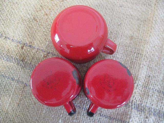 The Red Squad.....Two Lovely Vintage "Made In Poland" Enamel Coffee Mugs And One Enamel Milk Jug