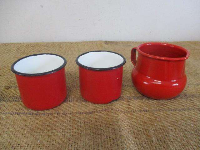 The Red Squad.....Two Lovely Vintage "Made In Poland" Enamel Coffee Mugs And One Enamel Milk Jug