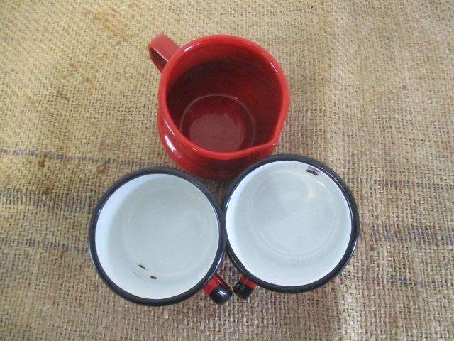 The Red Squad.....Two Lovely Vintage "Made In Poland" Enamel Coffee Mugs And One Enamel Milk Jug