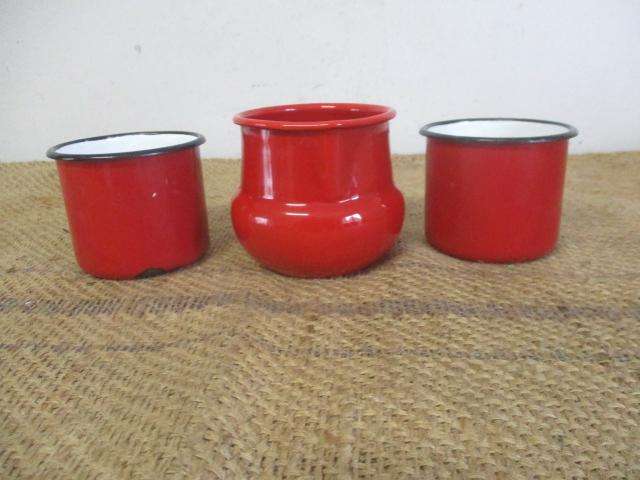 The Red Squad.....Two Lovely Vintage "Made In Poland" Enamel Coffee Mugs And One Enamel Milk Jug