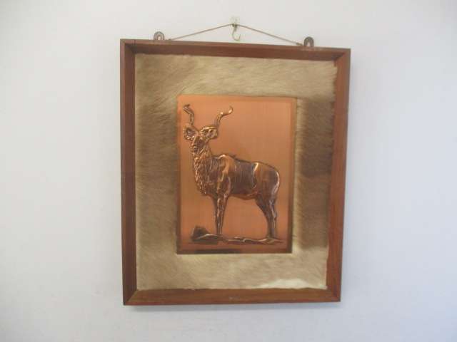 Captivating Vintage Copper Kudu On Game Skin In Wall Mount Wooden Frame