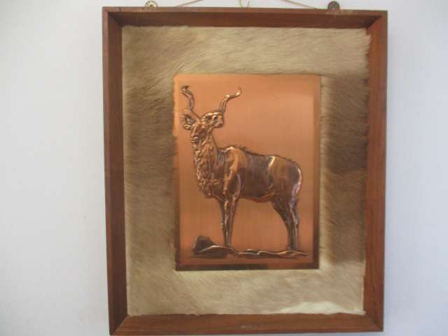 Captivating Vintage Copper Kudu On Game Skin In Wall Mount Wooden Frame