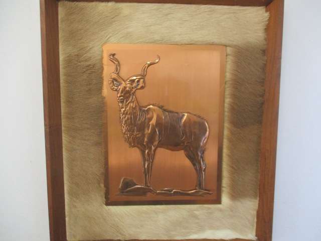 Captivating Vintage Copper Kudu On Game Skin In Wall Mount Wooden Frame