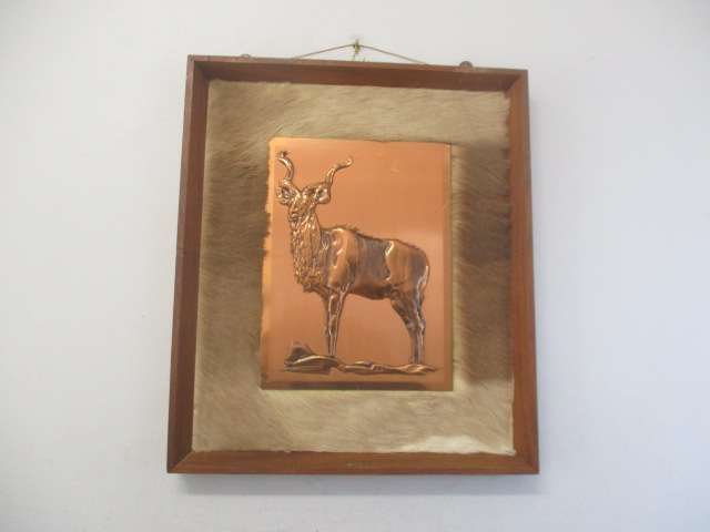 Captivating Vintage Copper Kudu On Game Skin In Wall Mount Wooden Frame