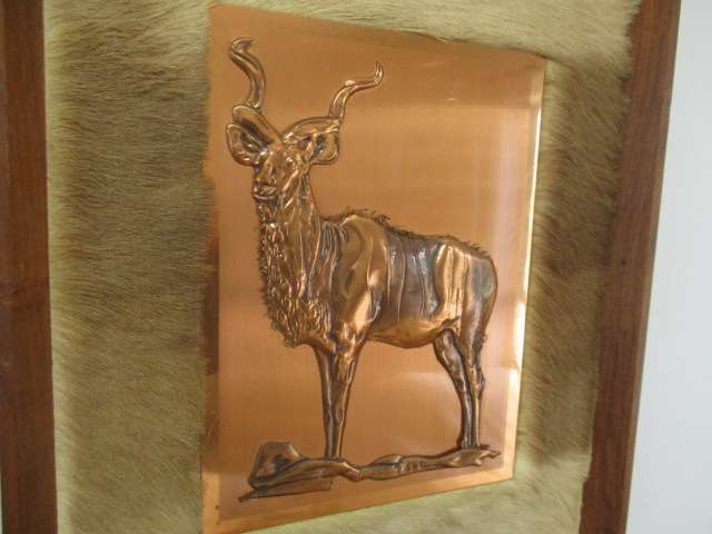 Captivating Vintage Copper Kudu On Game Skin In Wall Mount Wooden Frame