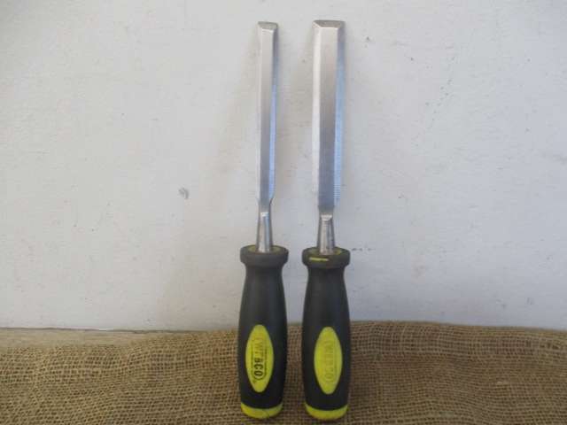 Two Sturdy Webco Beveled Carpenter Woodworking Chisels - 3/4 inch & 1/2 inch