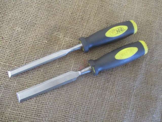 Two Sturdy Webco Beveled Carpenter Woodworking Chisels - 3/4 inch & 1/2 inch